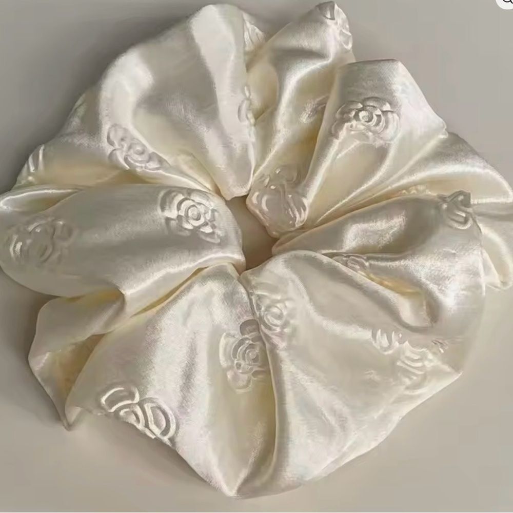 New! Cream Camellia Satin Fabric Floral Scrunchie